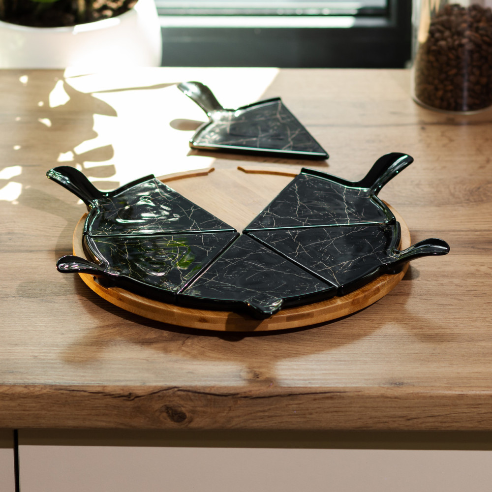 Зображення Тарелка для пиццы 28 см фарфоровая с бамбуковой вращающейся подставкой, секционная черная HP1247 ИМ Light-Deco 1 