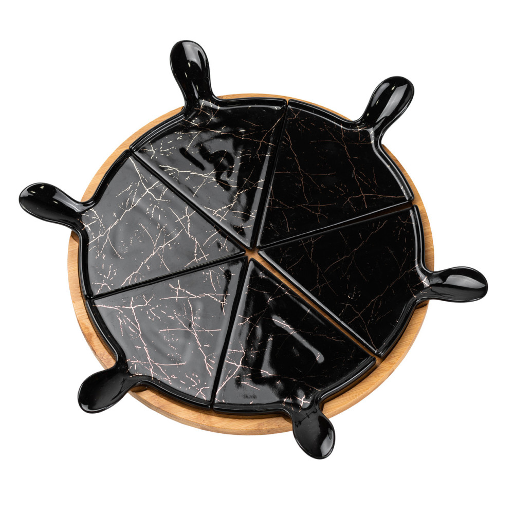 Зображення Тарелка для пиццы 28 см фарфоровая с бамбуковой вращающейся подставкой, секционная черная HP1247 ИМ Light-Deco 4 