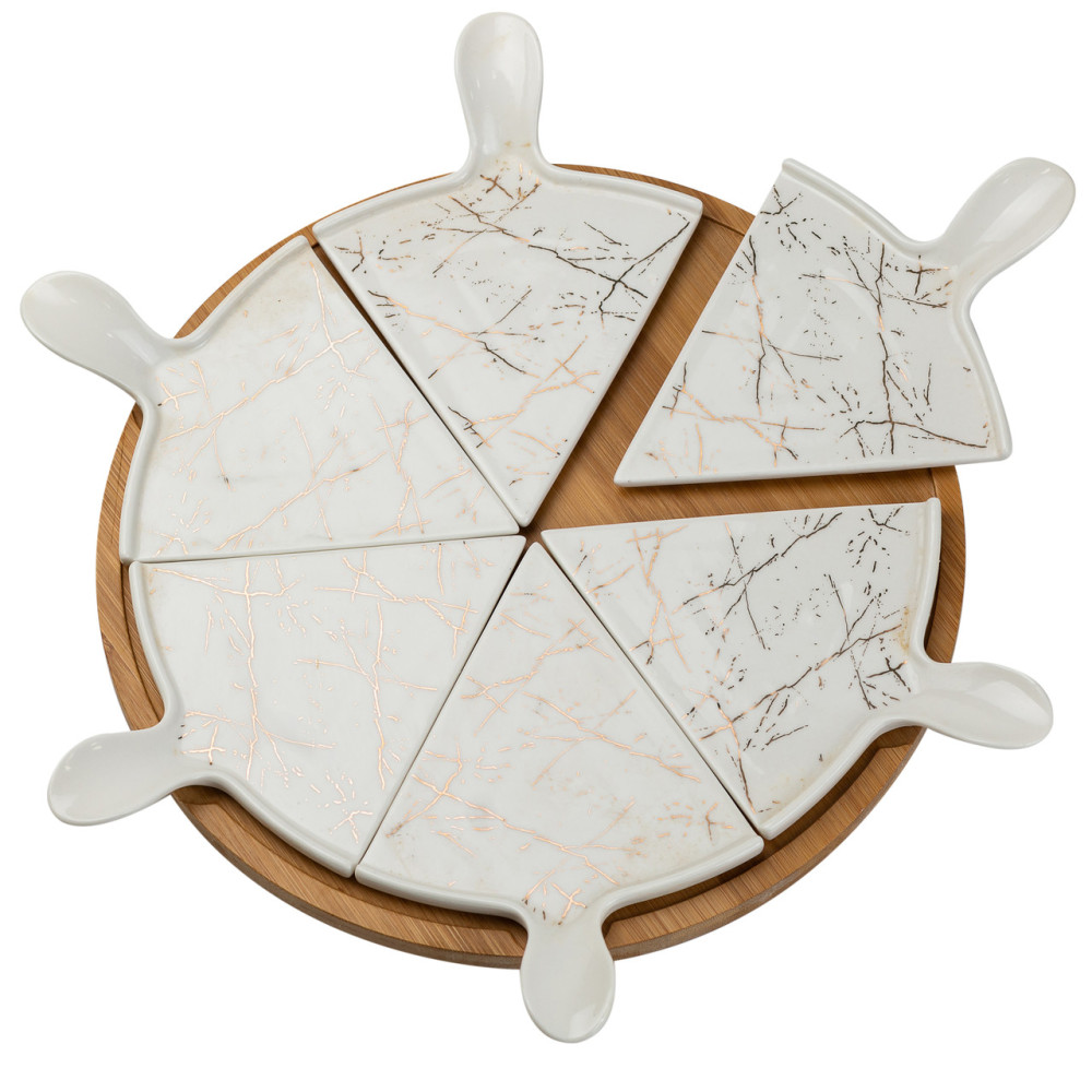 Зображення Тарелка для пиццы 28 см фарфоровая с бамбуковой вращающейся подставкой, секционная HP1213 ИМ Light-Deco 2 