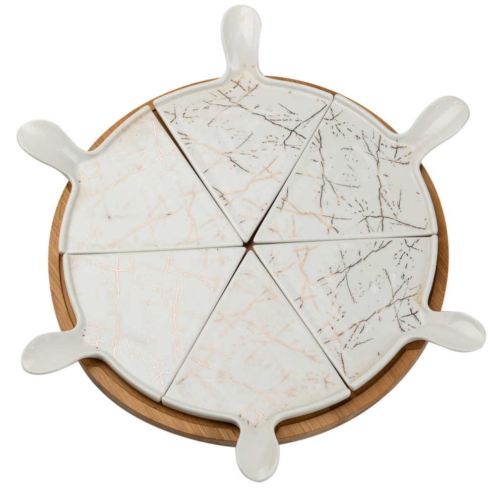 Зображення Тарелка для пиццы 28 см фарфоровая с бамбуковой вращающейся подставкой, секционная HP1213 ИМ Light-Deco 4 