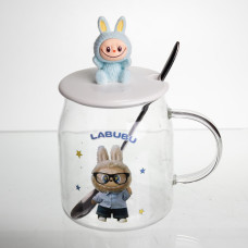 Стеклянная чашка с крышкой и ложкой Light House "Лабуба" 600 (мл) для чая LG-30141 CL BL голубая