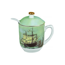 Чашка заварювальна порцелянова з ложкою Lefard "Морський бій" 300 мл зелена (985-037)