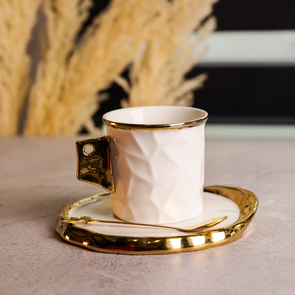 Зображення Чашка фарфоровая для кофе 200 (мл) с блюдцем и ложкой, красивая чашка в подарок Белый с золотом FM-1B ИМ Light-Deco 1 