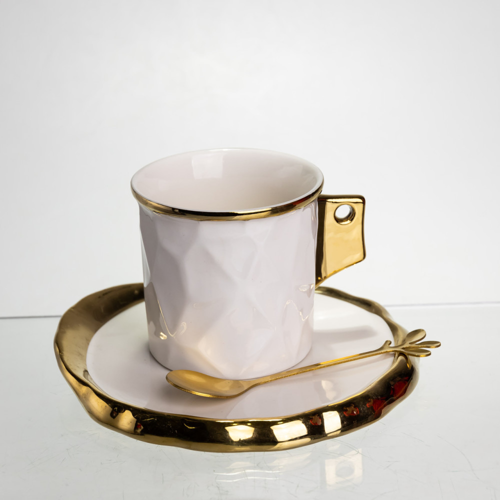 Зображення Чашка фарфоровая для кофе 200 (мл) с блюдцем и ложкой, красивая чашка в подарок Белый с золотом FM-1B ИМ Light-Deco 2 