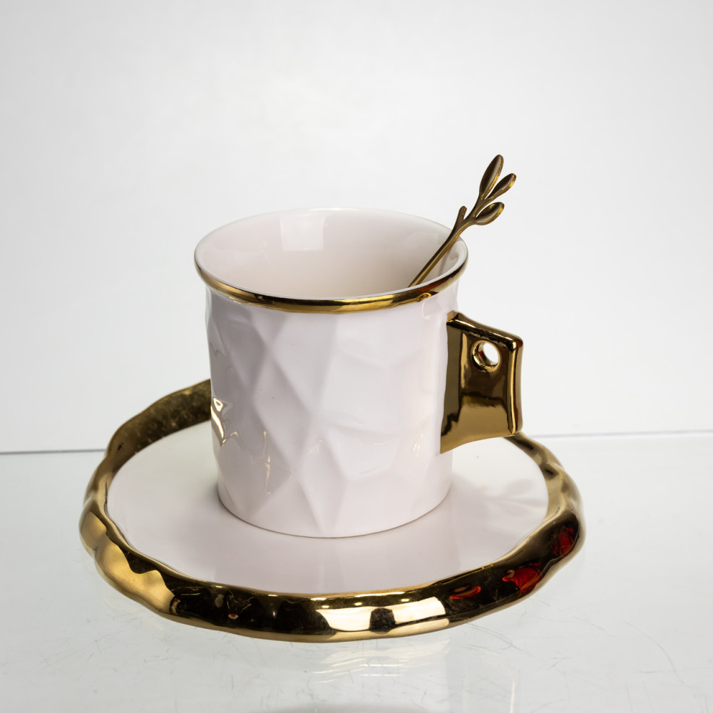 Зображення Чашка фарфоровая для кофе 200 (мл) с блюдцем и ложкой, красивая чашка в подарок Белый с золотом FM-1B ИМ Light-Deco 3 