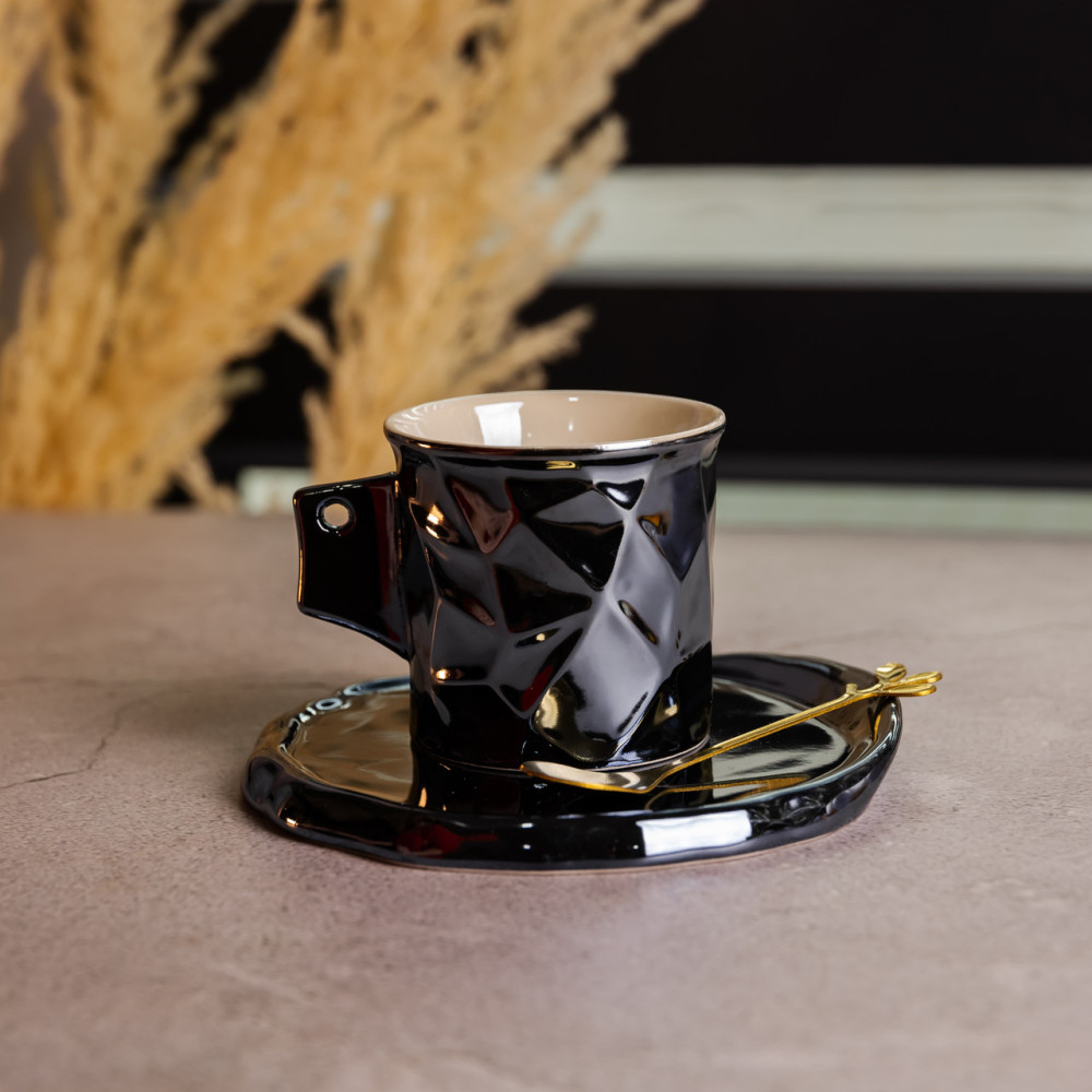 Зображення Чашка фарфорова Light House LG-30202 BK 200 мл із блюдцем та ложкою чорна ИМ Light-Deco 1 