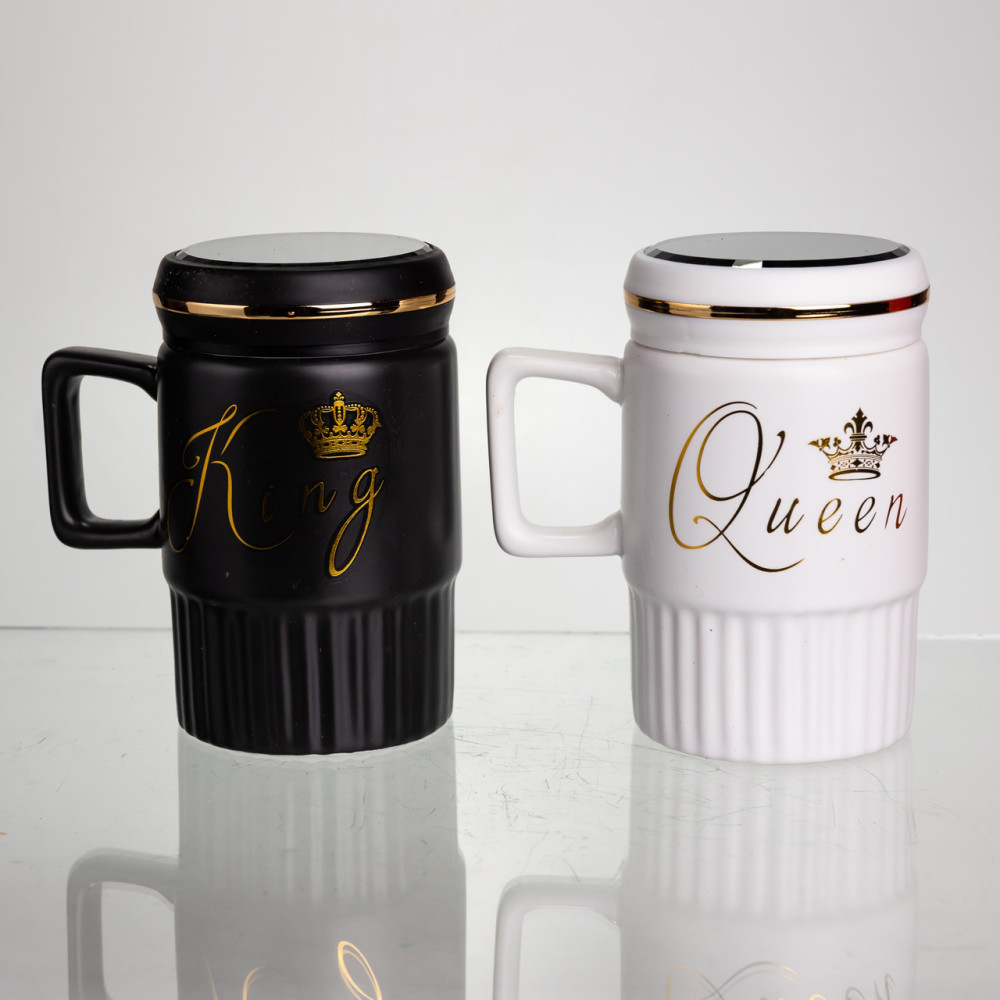 Зображення Набір парних порцелянових чашок з кришкою Light House "Queen&King" LG-30151 BK+WT 450 мл біла + чорна ИМ Light-Deco 