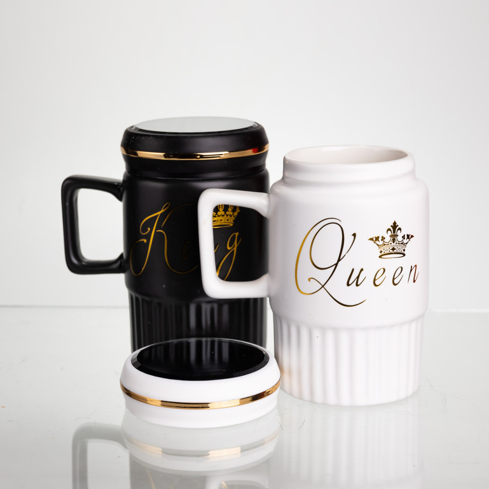 Зображення Набір парних порцелянових чашок з кришкою Light House "Queen&King" LG-30151 BK+WT 450 мл біла + чорна ИМ Light-Deco 2 