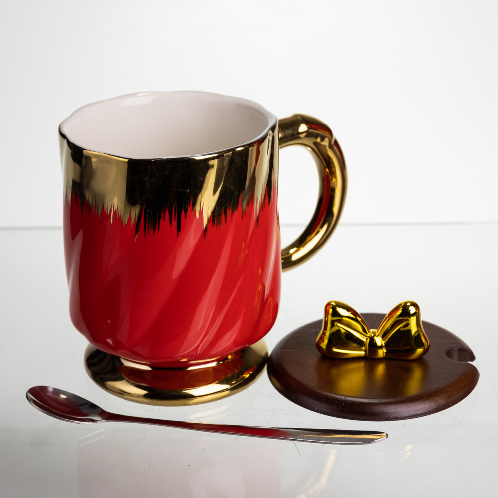 Зображення Чашка порцелянова Light House LG-30161 RD+GD 450 мл з ложкою та кришкою червона ИМ Light-Deco 2 