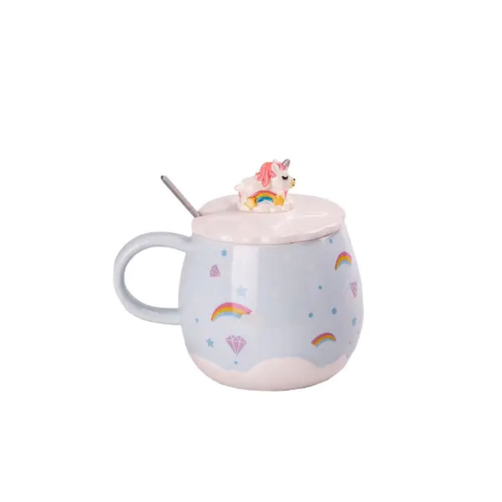 Изображение Чашка фарфоровая Rainbow Ceramic Mug 400ml с крышкой и ложкой Голубой HPCY8278BL ИМ Light-Deco 