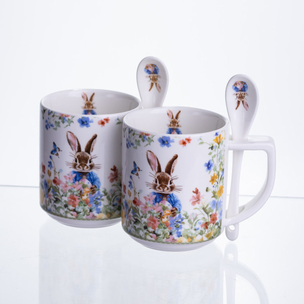 Изображение Набор подарочных фарфоровых чашек Garden Rabbits 2 штуки по 300 мл с ложками HP-7323-3 ИМ Light-Deco 
