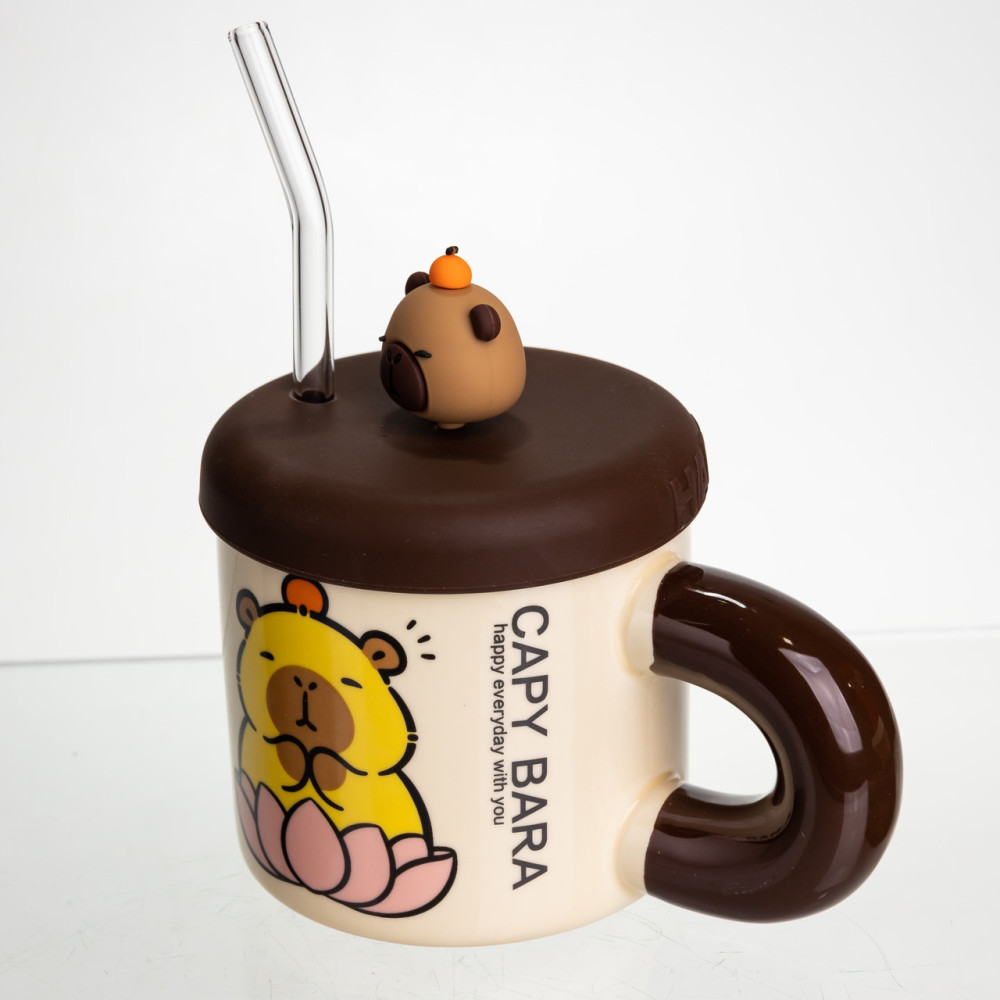 Зображення Чашка фарфорова Light House "Капібара на лотосі" LG-30204 B 400 мл з кришкою та трубочкою бежева з коричневим ИМ Light-Deco 3 