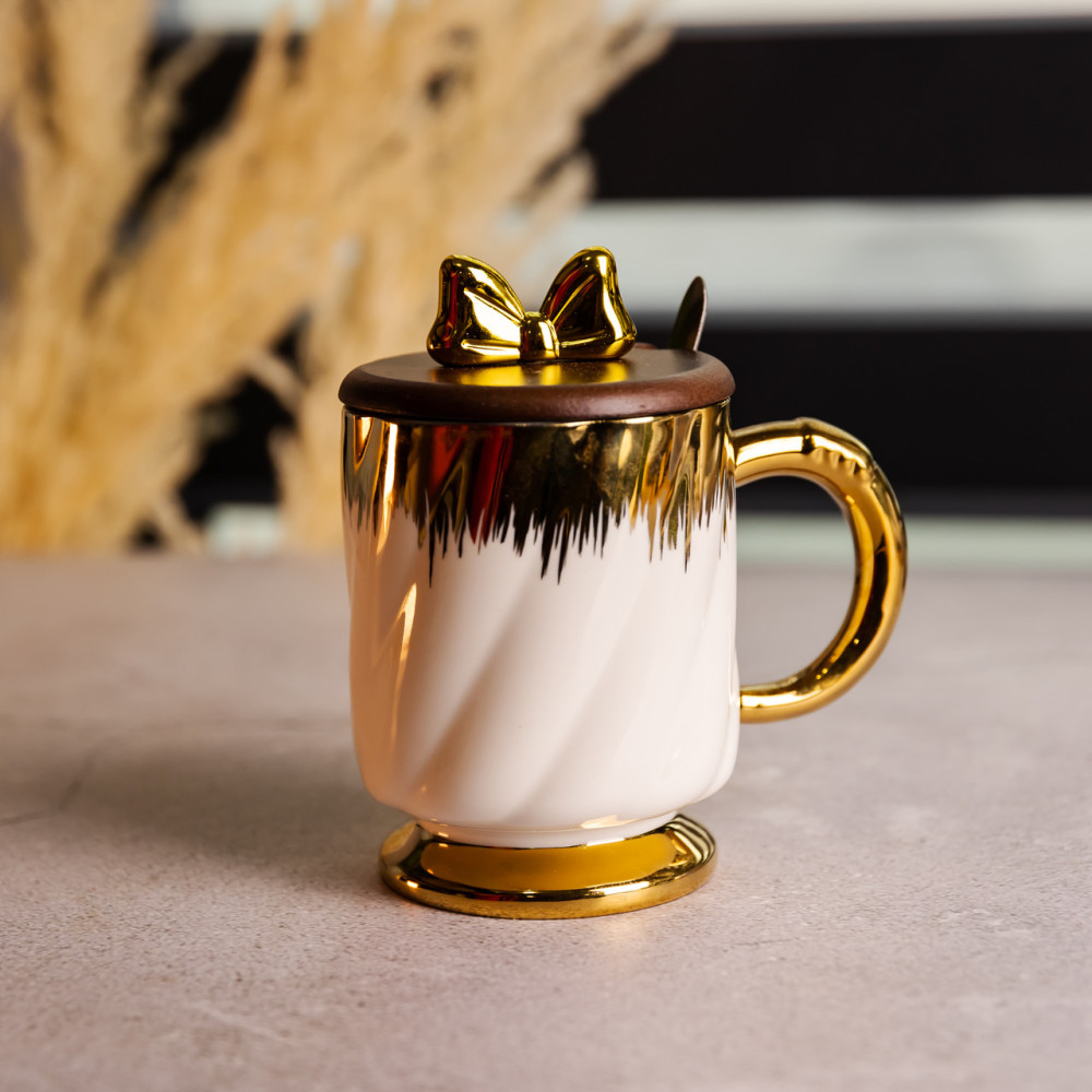 Зображення Чашка порцелянова Light House LG-30161 WT+GD 450 мл з ложкою та кришкою біла ИМ Light-Deco 2 