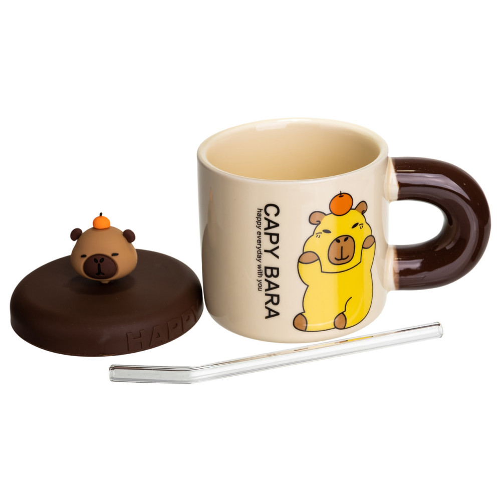 Зображення Чашка фарфорова Light House "Капібара з апельсином" LG-30204 C 400 мл з кришкою та трубочкою бежева з коричневим ИМ Light-Deco 1 
