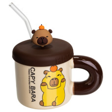 Чашка фарфорова Light House "Капібара з апельсином" LG-30204 C 400 мл з кришкою та трубочкою бежева з коричневим