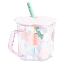 Чашка скляна Light House 500 мл з ложкою та кришкою (LG-20142) рожева