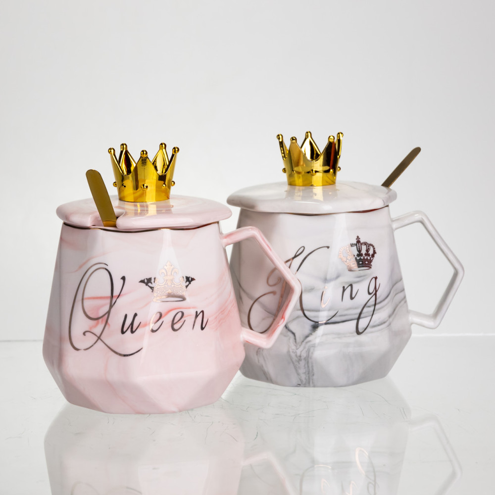 Зображення Набір парних порцелянових чашок з ложкою та кришкою Light House "Queen&King" LG-30150-A PK+BL 400 мл рожева+сіра ИМ Light-Deco 3 