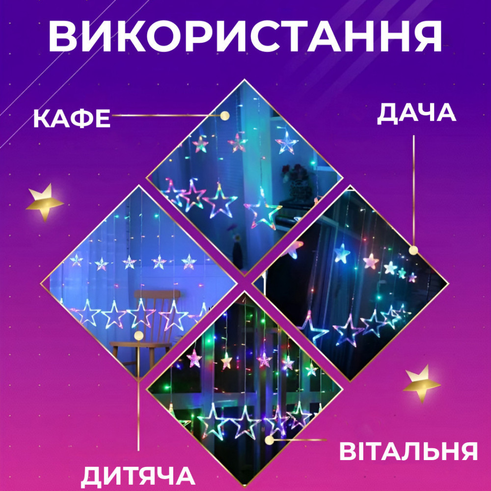 Изображение Гирлянда штора 3х0,7 м Звезды на 108 LED лампочек светодиодная 6 больших и 6 маленьких звезд 9 В 8 режимов 1733053ML ИМ Light-Deco 2 