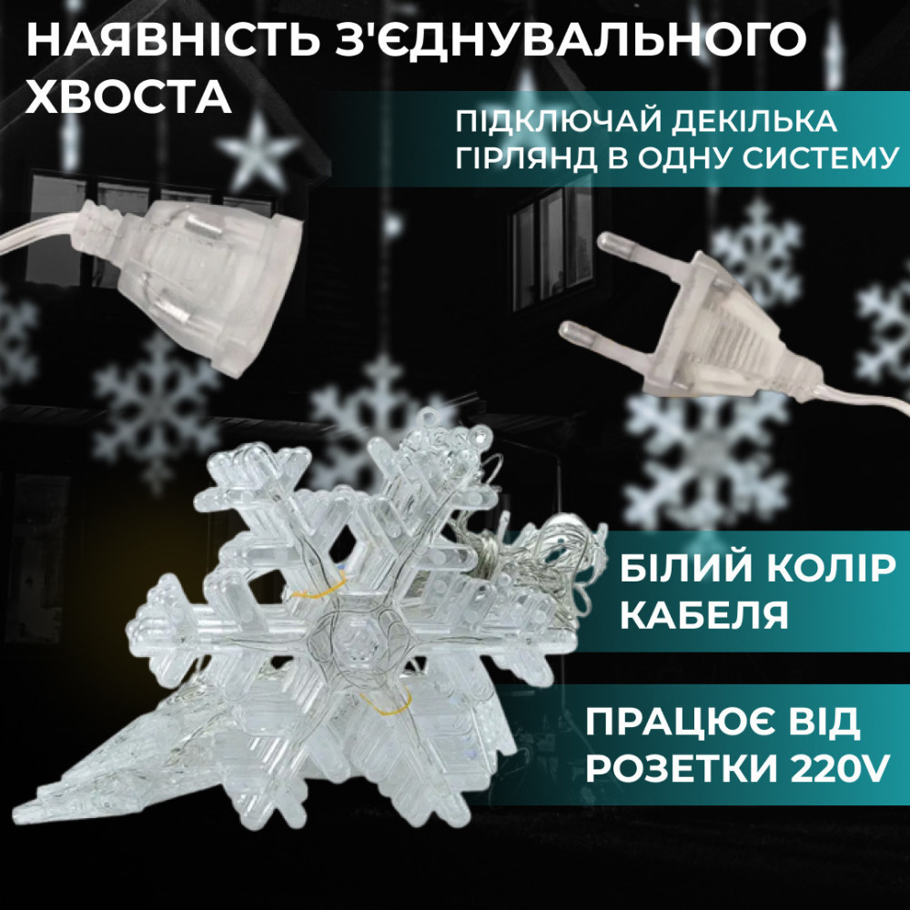Изображение Гирлянда штора снежинки звездочки 108 LED 9Вт IP44 динамическая 12 фигур 50000 часов для окна стены фотозоны звезды Белая ИМ Light-Deco 1 