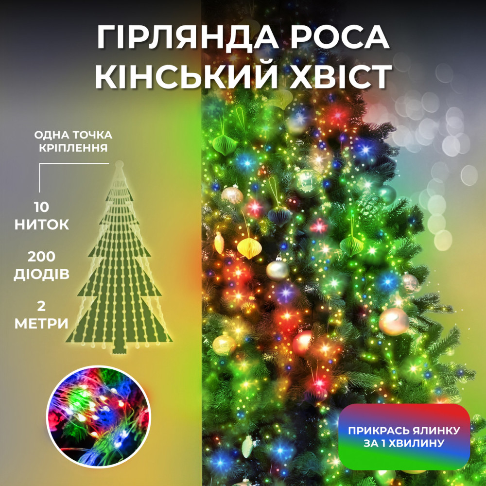 Изображение Гирлянда пучок светодиодная 200 LED 10 нитей роса динамическая феерия новогодняя декор 220В мультиколор Мультиколор ИМ Light-Deco 
