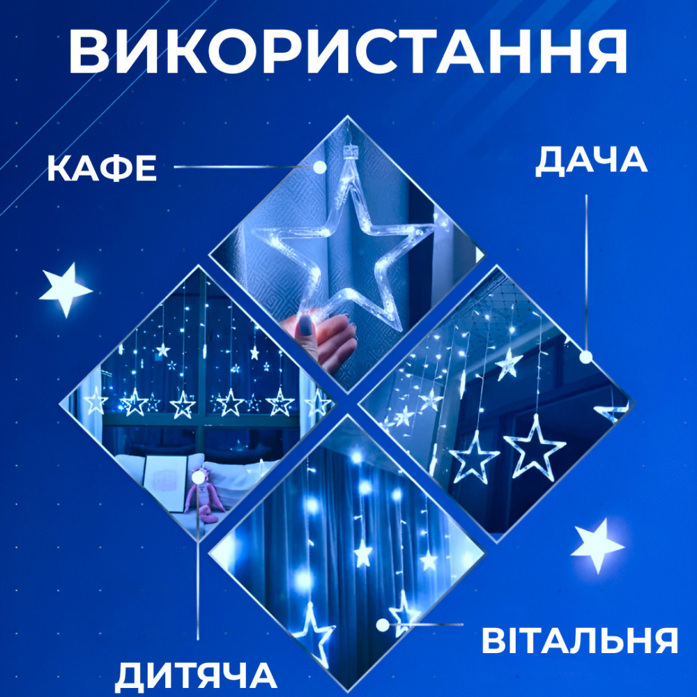 Изображение Гирлянда штора 3х0,7 м Звезды на 108 LED лампочек светодиодная 6 больших и 6 маленьких звезд 9 В 8 режимов 1733054BL ИМ Light-Deco 2 