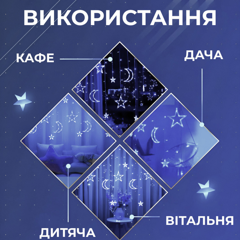 Зображення Гирлянда светодиодная штора GarlandoPro звезда и луна 108LED 3х0,9 м гирлянда звезда Белый 1733059W ИМ Light-Deco 2 