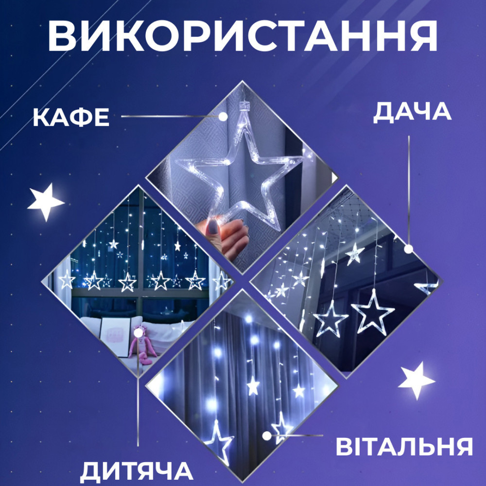 Изображение Гирлянда штора 3х0,7 м Звезды на 108 LED лампочек светодиодная 6 больших и 6 маленьких звезд 9 В 8 режимов 1733055W ИМ Light-Deco 2 