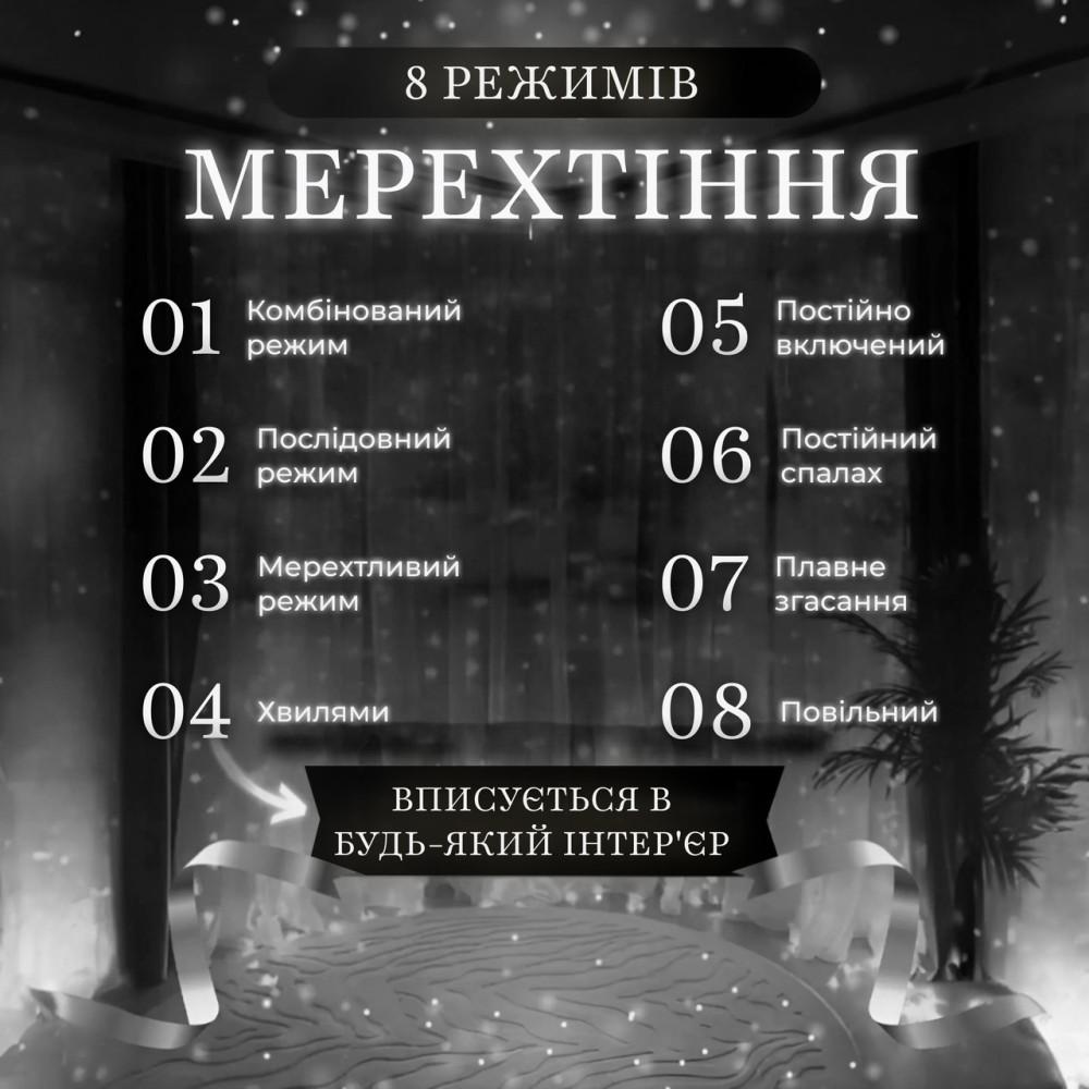 Изображение Гирлянда водопад светодиодная 270 LED динамическая занавес 220В 10 нитей сетевая для окна квартиры декор 3×3 белый Белая ИМ Light-Deco 2 