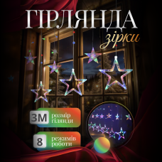 Гирлянда штора Звезды 108 LED динамическая занавес 220В 12 фигур светодиодная мультиколор окно фотозона электрическая
