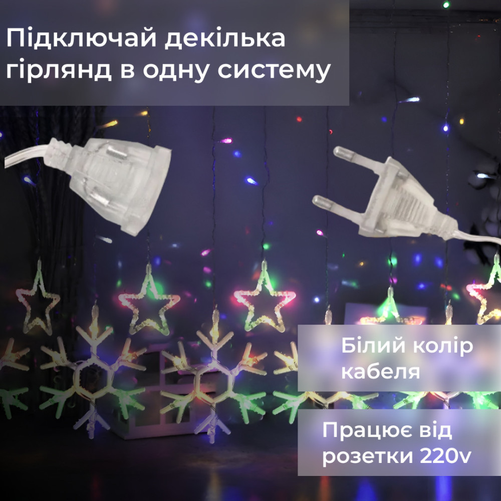 Изображение Гирлянда штора 3х0,9 м снежинка звезда на 145 LED лампочек светодиодная 10 шт 1733065ML ИМ Light-Deco 1 