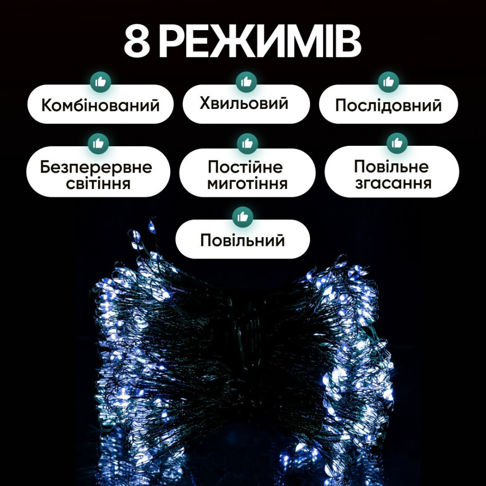 Изображение Гирлянда Конский хвост Мишура 640 LED 16 нитей 2 м зеленая, белый GarlandoPro D640L2MGW ИМ Light-Deco 3 