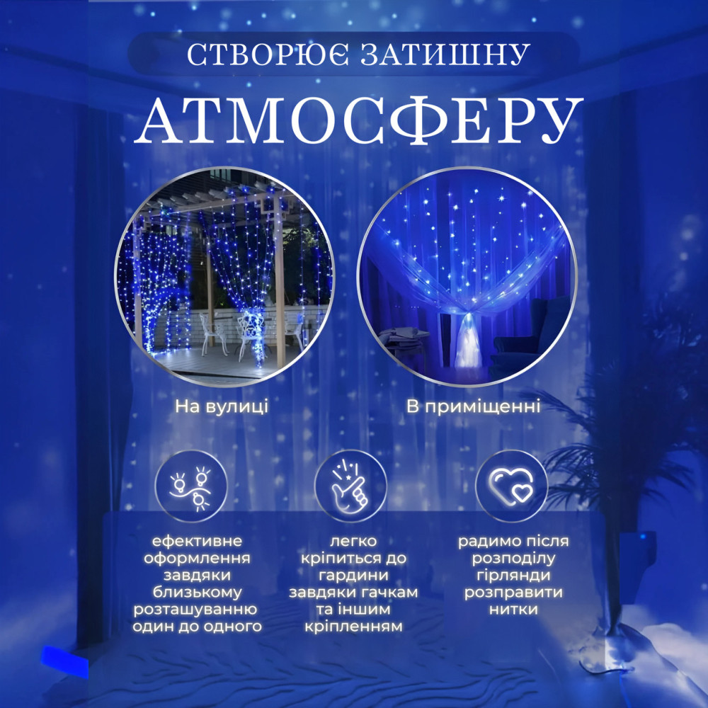 Изображение Гирлянда штора водопад светодиодная 144 LED динамичная IP44 от сети гирлянда водопад на окно Гирлянда-водопад Синяя ИМ Light-Deco 2 