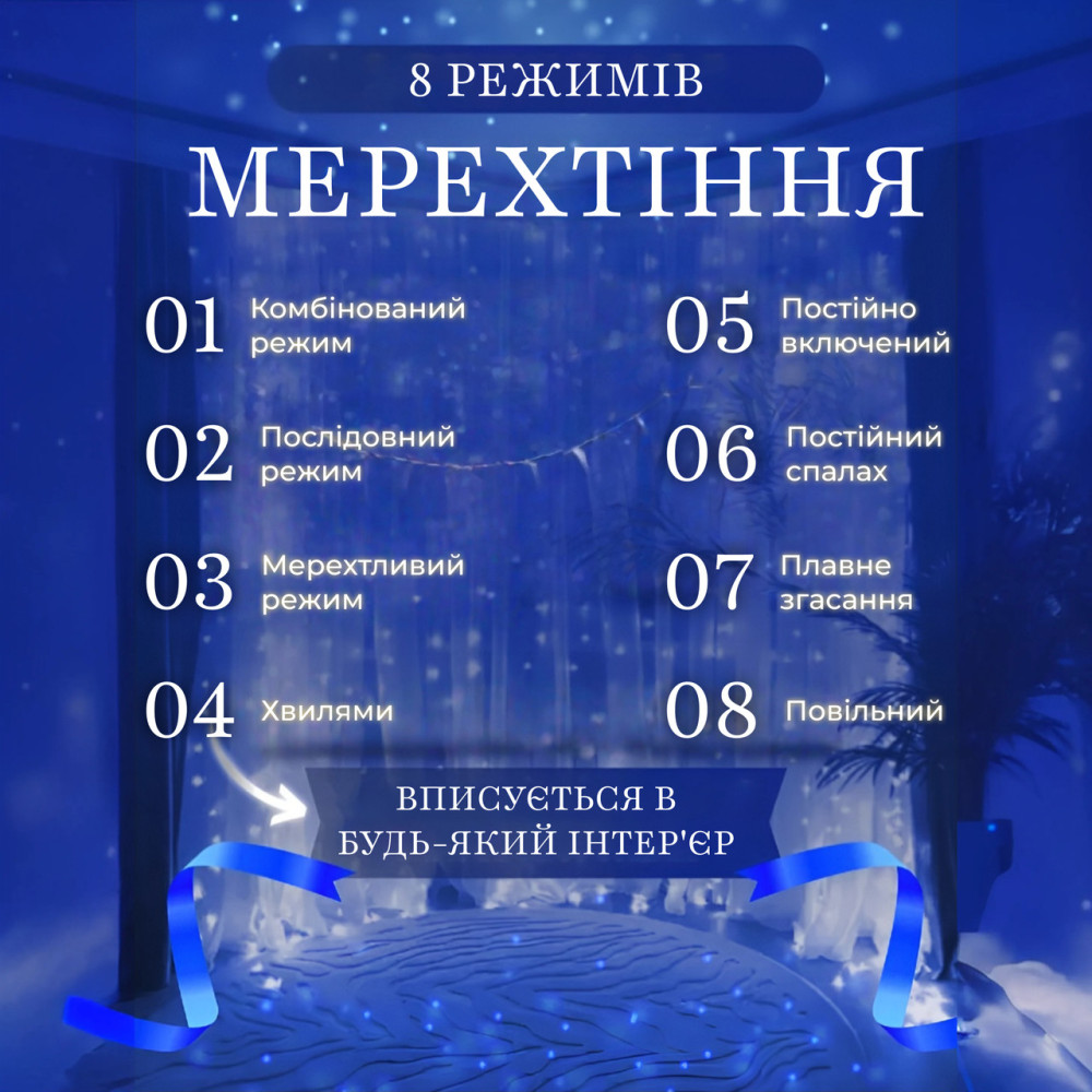 Изображение Гирлянда штора водопад светодиодная 144 LED динамичная IP44 от сети гирлянда водопад на окно Гирлянда-водопад Синяя ИМ Light-Deco 5 