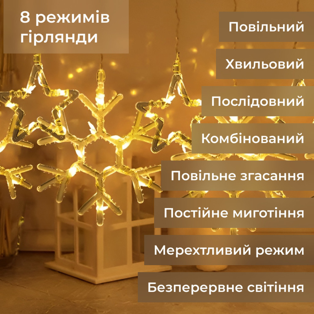 Изображение Гирлянда штора 3х0,9 м снежинка звезда на 145 LED лампочек светодиодная 10 шт Желтый 1733068Y ИМ Light-Deco 4 