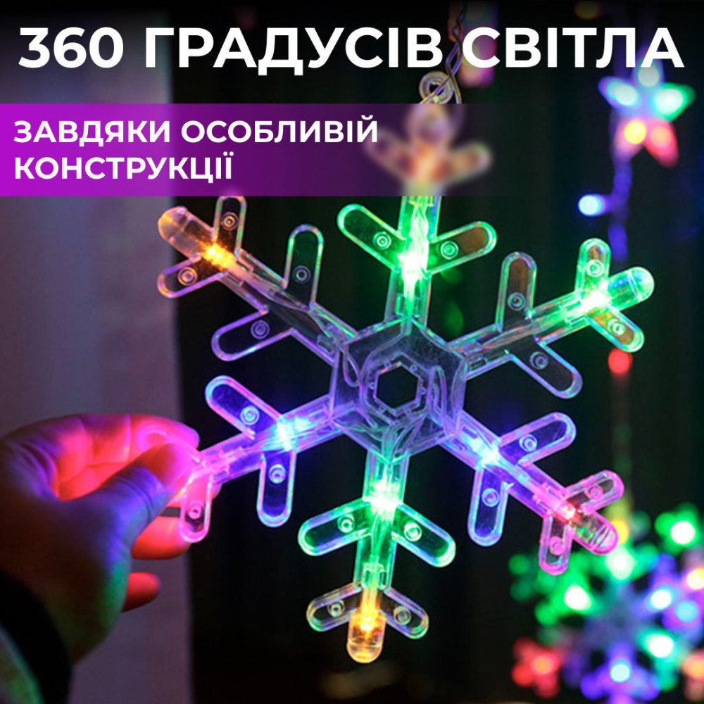 Изображение Гирлянда штора звездочки снежинки 108 LED 9Вт IP44 220В динамическая светодиодная мультиколор для окна Lugi занавес ИМ Light-Deco 2 