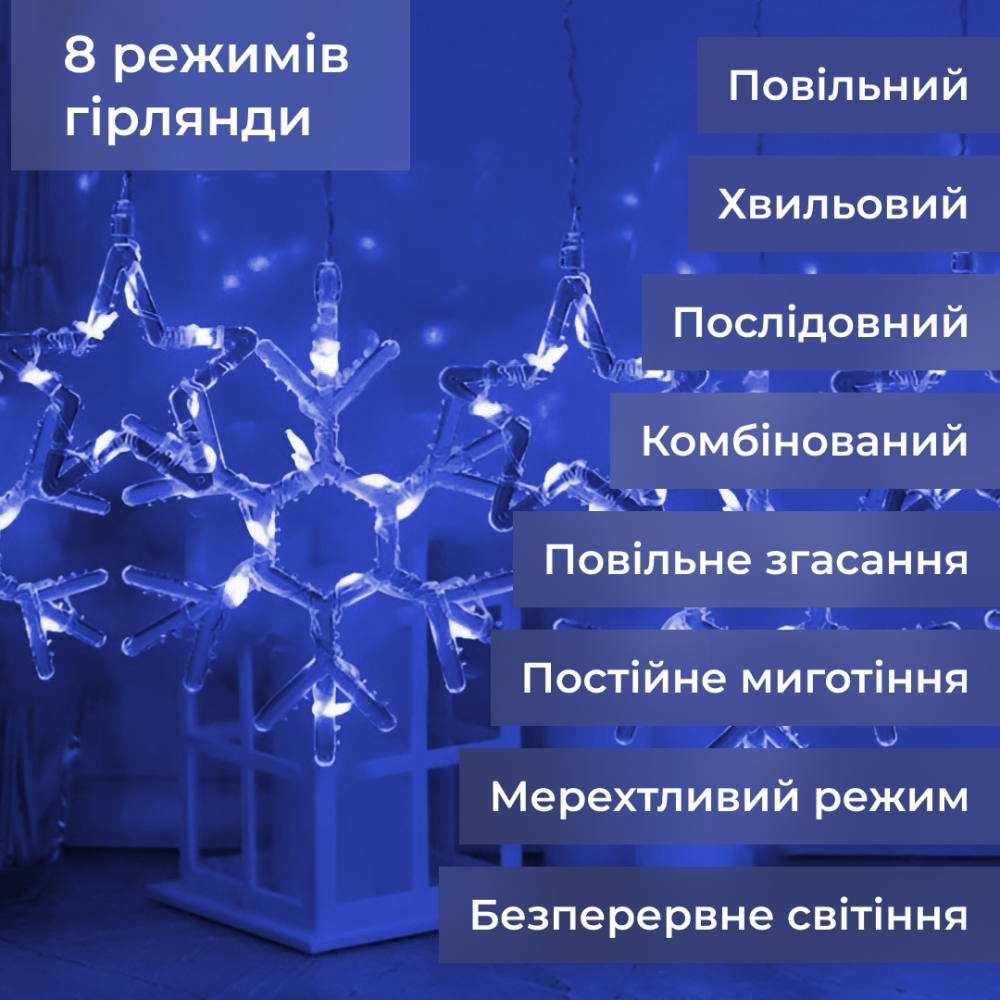 Изображение Гирлянда штора светодиодная снежинки звезды 145 LED динамическая занавес 10 фигур на окно новогодняя 220В синий Синяя ИМ Light-Deco 2 