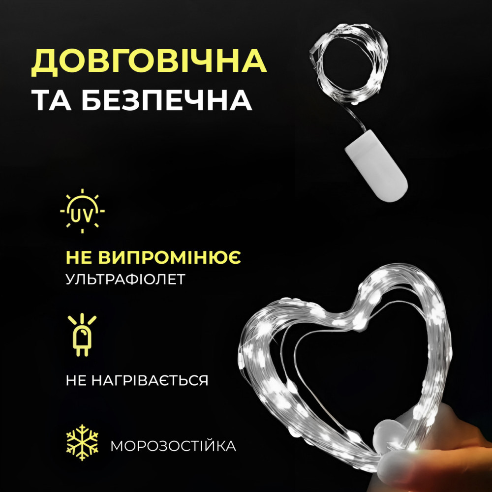 Изображение Светодиодная гирлянда Роса 3 метра на батарейках 30 led нить на зеленом проводе белая 30L3MGW ИМ Light-Deco 4 