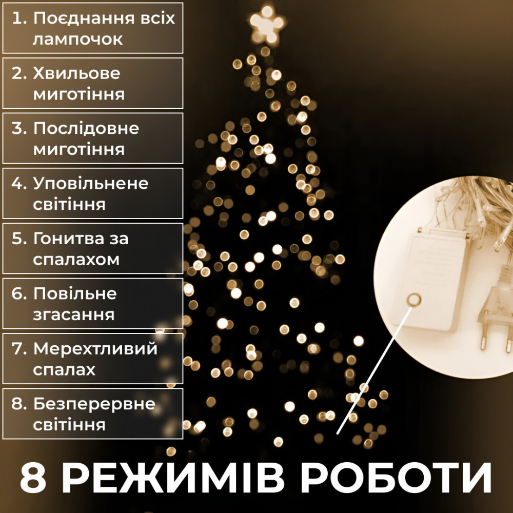 Изображение Гирлянда нить 16м на 180 LED лампочек светодиодная черный провод 8 режимов работы Желтый M400LEDY ИМ Light-Deco 3 