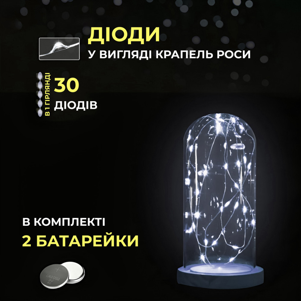 Изображение Светодиодная гирлянда Роса 3 метра на батарейках 30 led нить на белом проводе белая 30L3MWW ИМ Light-Deco 3 
