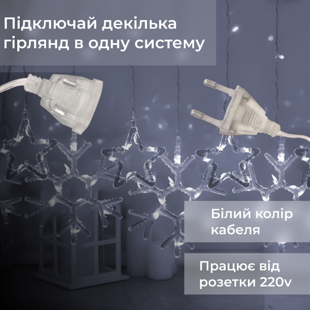 Изображение Гирлянда штора светодиодная снежинки звездочки 145 LED динамическая занавес 10 фигур на окно новогодняя 220В белый Белая ИМ Light-Deco 4 