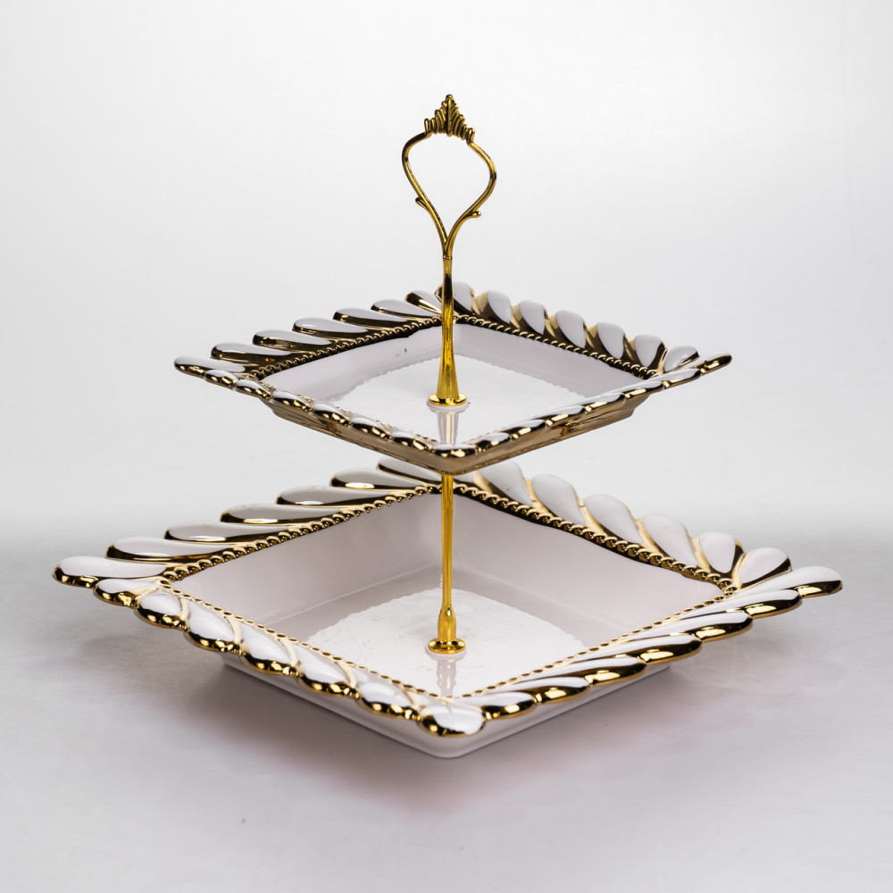 Зображення Фруктовница квадратная 23х23х23 см двухъярусная фарфоровая стойка для закусок белая ML2086 ИМ Light-Deco 1 