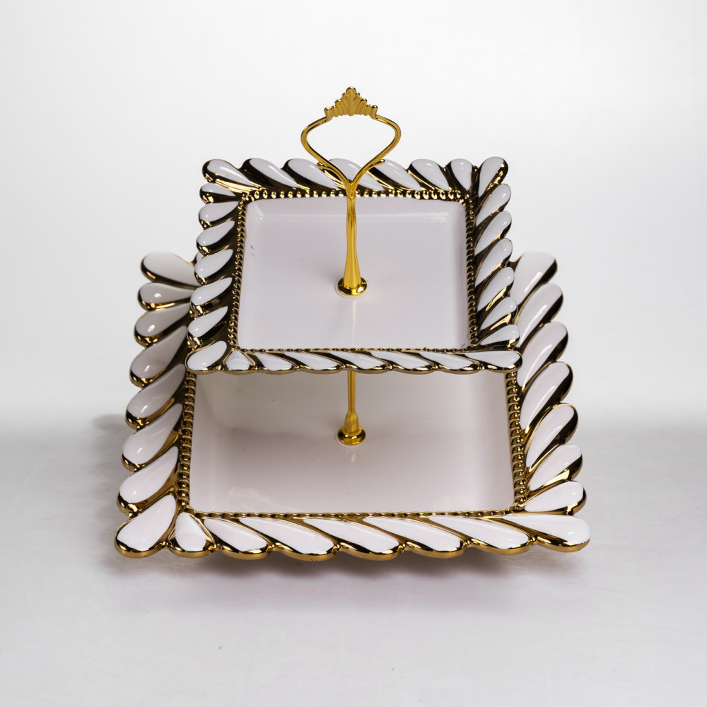 Зображення Фруктовница квадратная 23х23х23 см двухъярусная фарфоровая стойка для закусок белая ML2086 ИМ Light-Deco 2 