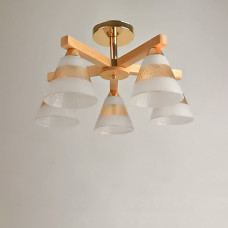 Люстра стельова Light House SH-19189/5 FG 560*560*260 E27*5 золото + дерево, плафон білий з янтарним