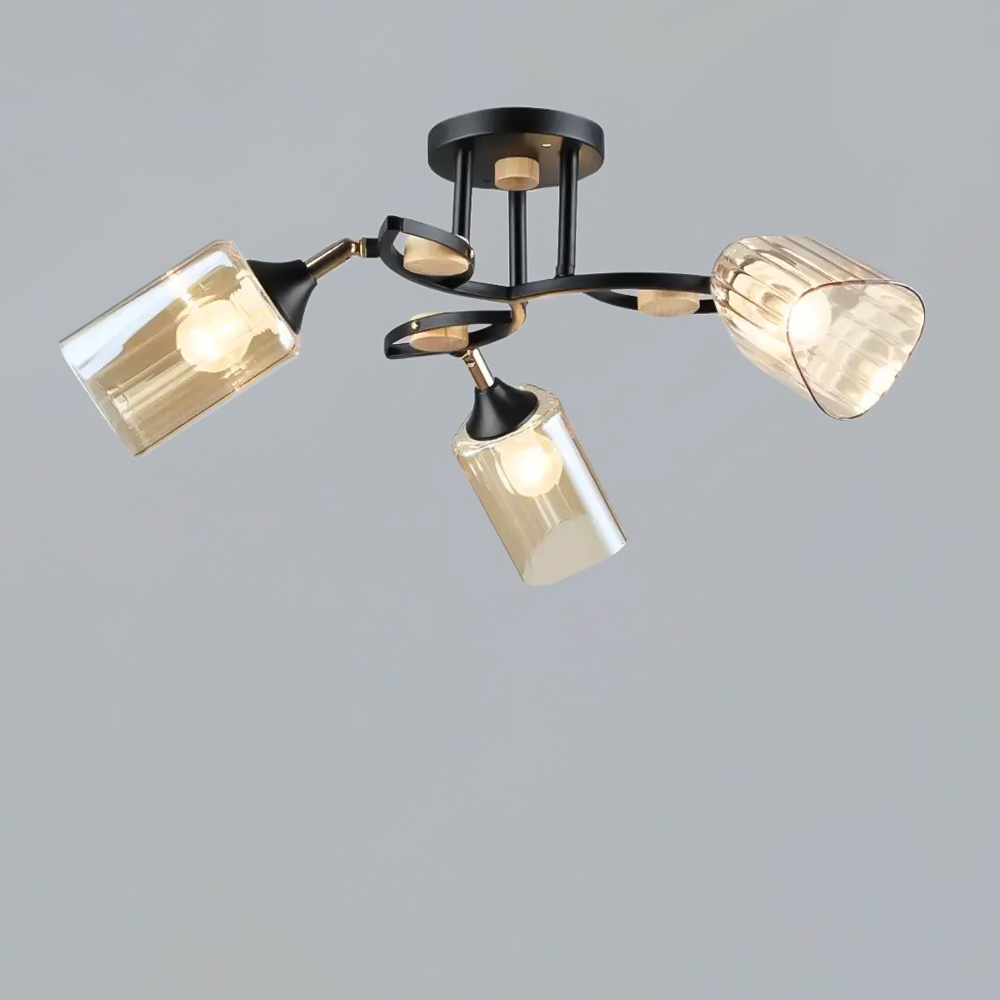 Зображення Люстра стельова Light House SR-19357/3 BK+WOOD L580*H230 E27 колір чорний із золотим + дерево, плафон  медовий  ИМ Light-Deco 