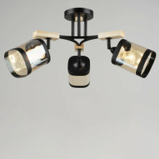 Люстра стельова Light House SRS-19545/3 BK+WOOD чорний + дерево, чорний плафон + янтарний