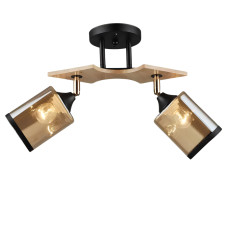 Люстра стельова Light House SR-20294/2 BK+WOOD L470*W120*H280 E27 чорна + дерево, плафон янтарний з облямівкою