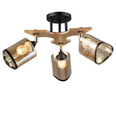 Люстра стельова Light House SR-20294/3 BK+WOOD D520*H280 E27 чорна + дерево, плафон янтарний з облямівкою