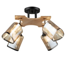 Люстра потолочная Light House SR-20294/4 BK+WOOD D540*H280 E27 черная + дерево, плафон янтарный с каймой 