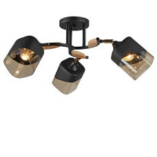 Люстра стельова Light House SR-20295/3 BK+WOOD D620*H260 E27 чорна + дерево, плафон чорний з янтарним