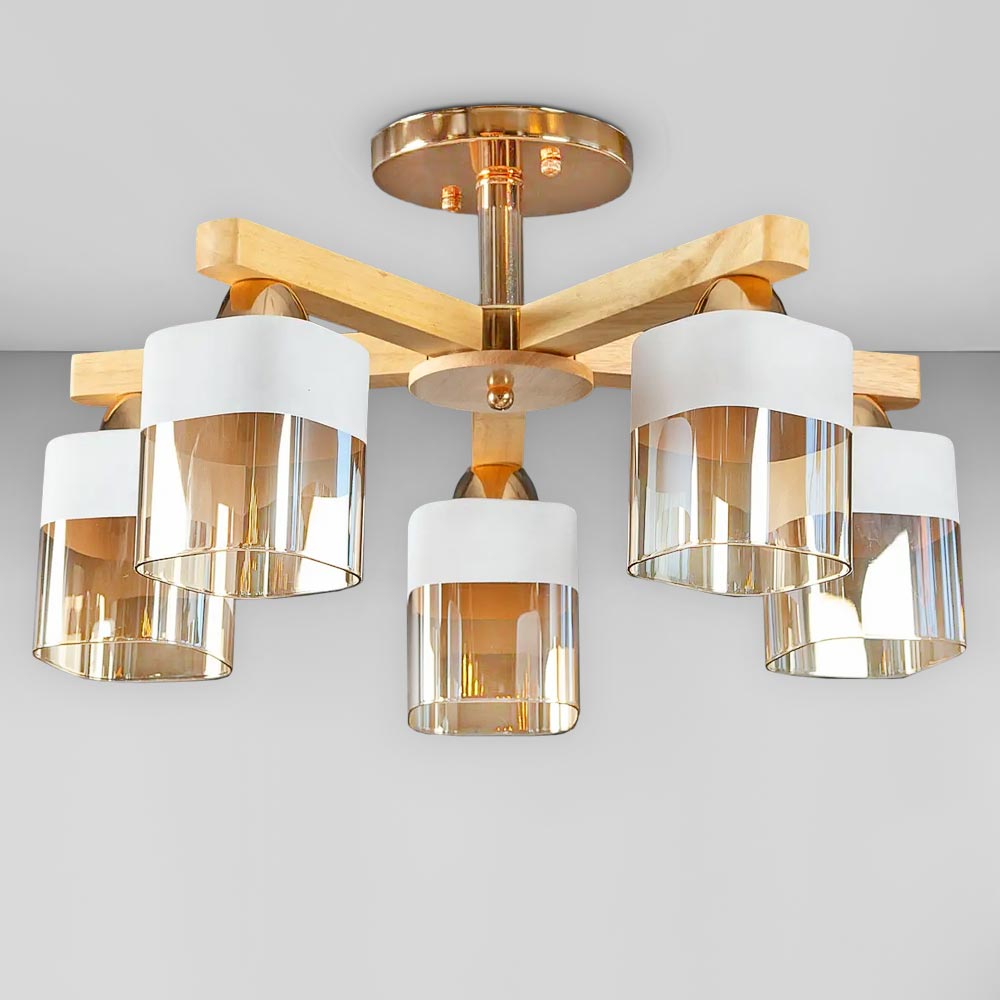 Зображення Люстра стельова Light House SH-20461/5 A FG 510*510*280 E27*5 золото + дерево, плафон білий + янтарний ИМ Light-Deco 
